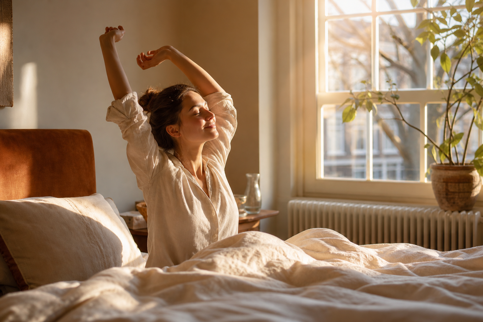 Persoon die rustig wakker wordt met ochtendlicht voor een stabiel slaapritme